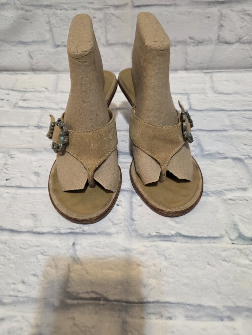 ANTONIO MELANI Beige Suede Thong Sandal with Decorative Buckle